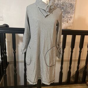 French Coastal Grandma Style Fever London Grey White Striped Cowl‎ Neck Dress Sm
